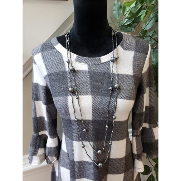 Tunic Dress Women's S White Black Check Round Neck Ruffle Sleeve Pullover - Picture 3 of 12